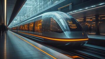 A sleek autonomous smart train arrives at a modern urban station, featuring cutting edge design and advanced control systems focused on mobility and transportation efficiency. photo
