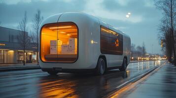 An autonomous delivery vehicle navigates through a city street during twilight. The vehicle features a futuristic design and is equipped for last mile logistics, enhancing mobility and infrastructure. photo