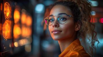 A logistics expert wearing glasses smiles confidently while working in a high tech facility. Automated systems and vibrant indicators showcase advanced infrastructure for efficient distribution. photo
