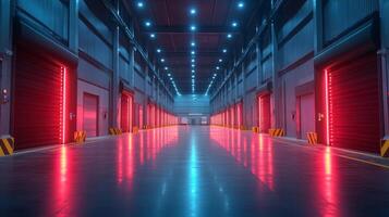 A state of the art logistics hub features illuminated loading bays and a polished floor, emphasizing advanced automation and design. The facility enhances mobility and fulfillment capabilities. photo