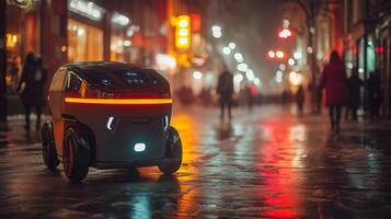 A compact, autonomous delivery robot moves along rain soaked streets illuminated by city lights as pedestrians walk by. The robot showcases cutting edge logistics technology for last mile delivery. photo