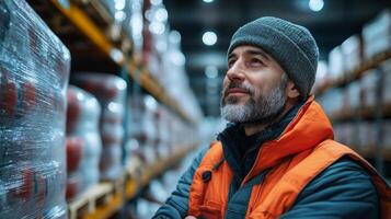 A logistics specialist wearing warm gear examines the inventory within a bustling warehouse, contemplating strategies for improving operational efficiency in automation. photo