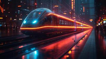 A sleek autonomous train glides down tracks illuminated by neon lights, demonstrating advanced mobility and automated systems in a bustling city at night. photo