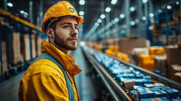 A worker in a bright yellow uniform and hard hat stands confidently in a bustling logistics center, overseeing the automated distribution process with packages and sorting equipment in the background. photo