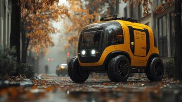 A yellow autonomous delivery vehicle moves through a city covered in autumn leaves during the evening. Soft lights illuminate the path as trees line the street. photo