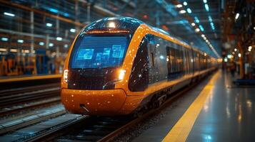A smarttrain stands ready for operation in a high tech logistics center, highlighting the latest advancements in automation and transportation infrastructure. photo
