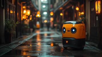 A compact, autonomous delivery robot with bright eyes is moving through a wet, narrow street illuminated by glowing lanterns in a vibrant urban setting, representing advancements in automation. photo