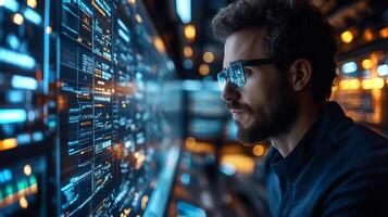 A logistics expert focuses intently on multiple glowing screens displaying intricate data related to transportation and supply chain management, showcasing automation and mobility solutions. photo