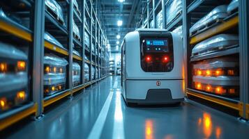 A robotic unit moves between shelves filled with organized packages in a state of the art logistics facility. The environment emphasizes automation and streamlined processes. photo