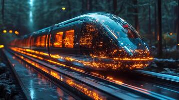 Automation is exemplified as a smarttrain glides smoothly along its tracks, illuminated by glowing patterns in a serene forest environment at dusk. photo