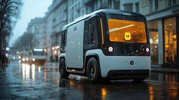 A robotic delivery vehicle operates in an urban area during rainy weather, showcasing its capabilities in transportation and last mile delivery automation amidst city infrastructure. photo