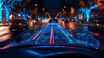 Advanced connectivity and automation in transportation enable vehicles to interact with smartroads, ensuring safer mobility in illuminated urban areas after dark. photo