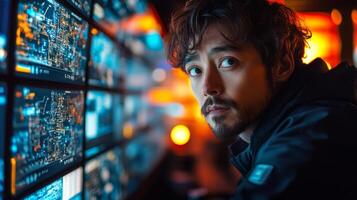 A focused individual analyzes intricate data visualizations at a transportation control center, emphasizing the integration of smartroad systems and autonomous technology for enhanced logistics. photo