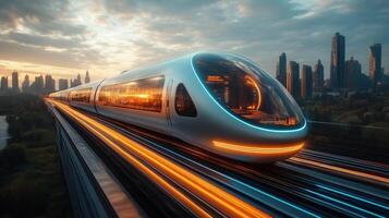 A cutting edge smart train glides effortlessly along elevated tracks in an advanced city skyline at dusk, highlighting the future of transportation and automation. photo