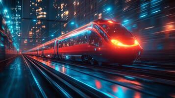 A sleek automated train glides swiftly down tracks in a vibrant cityscape illuminated by neon lights, showcasing advancements in transportation technology and infrastructure. photo