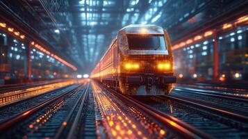 A smart train moves seamlessly along tracks in a highly automated transportation facility at night, illuminated by futuristic lighting and showcasing advanced mobility technology. photo