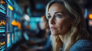 A logistics analyst focuses intently on multiple digital displays showing real time data related to transportation and supply chain efficiency. photo