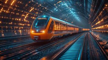 An autonomous train travels swiftly through a high tech tunnel illuminated by vibrant lights. photo
