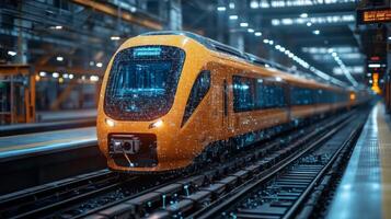 A cutting edge smart train is ready to depart from a bustling urban transport hub, illuminated by digital interfaces and advanced automation systems, symbolizing future logistics. photo