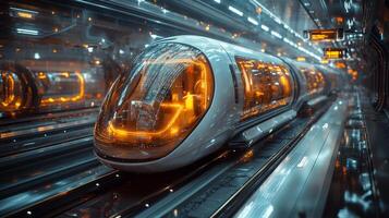 A smart train with advanced control systems is featured at a futuristic railway station, showcasing automation in transport and emphasizing efficiency and technology. photo