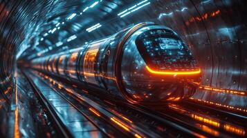 A cutting edge smarttrain glides through a sleek tunnel filled with vibrant neon lighting, representing the forefront of autonomous mobility technology and transportation infrastructure. photo