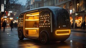 A cutting edge autonomous delivery vehicle operates in a lively city setting at dusk, featuring illuminated displays and a futuristic design that highlights advancements in transportation technology. photo