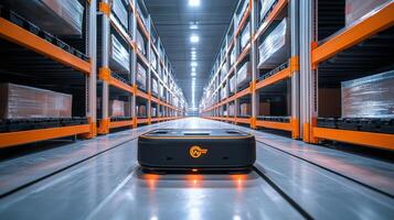 A robust automated robot moves along a polished aisle in a cutting edge logistics center. Bright warehouse lights illuminate rows of neatly arranged pallets, enhancing operational efficiency. photo