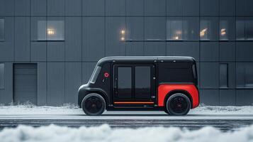 A sleek and modern autonomous delivery vehicle stands on a paved surface in an urban setting, showcasing advancements in logistics and mobility solutions for last mile transportation needs. photo