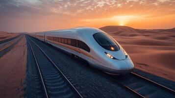 A smart train moves swiftly along railway tracks in a vast desert during sunset, highlighting innovations in logistics, automation, and mobility solutions. photo