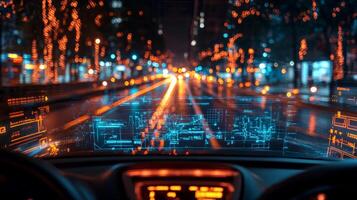 A view from inside a vehicle showcasing an illuminated smartroad filled with advanced sensors and V2X technology, enhancing connectivity and automation for urban environments. photo