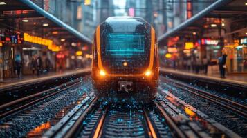 A modern smart train prepares for departure in a busy urban rail station, showcasing cutting edge automation and AI systems. photo