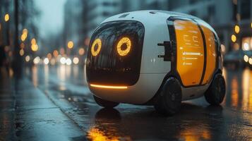 A robotic delivery vehicle moves through a bustling urban setting under rainy conditions, showcasing advancements in transportation technologies for efficient logistics solutions. photo