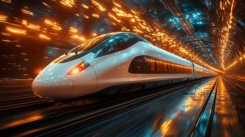 A sleek smarttrain moves swiftly through a high tech tunnel illuminated by dynamic lights, showcasing advanced automation and AI in modern transportation infrastructure. photo