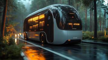 An autonomous delivery vehicle gracefully travels down a wet road surrounded by lush trees, illuminated lights reflecting off the pavement as dusk sets in. photo