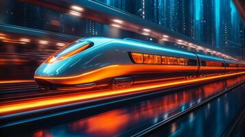 A sleek futuristic train glides swiftly along tracks embedded in a glowing urban setting, highlighting innovations in automation and smart mobility systems. photo