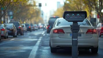A traffic monitoring system stands on a city street, recording vehicle movements. Cars navigate the roadway, demonstrating the intersection of logistics, infrastructure, and technology. photo