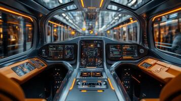 Interior of a high tech smarttrain control center shows advanced automation systems, screens displaying data, and illuminated interfaces designed for efficient transportation management. photo