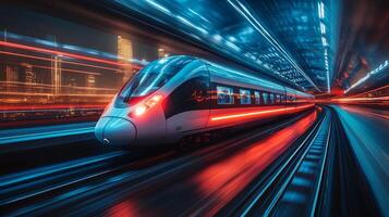 A high speed train travels swiftly along a modern railway in a vibrant city at night. Its design features futuristic elements, illuminated by colorful lights and showcasing advanced technology. photo