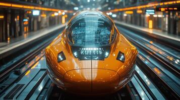 A futuristic autonomous train stands on the tracks of a high tech transportation hub, showcasing advanced control systems and automation features for improved urban mobility. photo