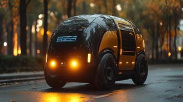 This autonomous delivery vehicle moves quietly along a tree lined street illuminated by autumn colors. Its unique design showcases modern logistics and technology. photo