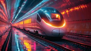 A sleek smart train enters a colorful tunnel, displaying cutting edge automation technology for effective transportation and efficient logistics solutions in urban mobility. photo