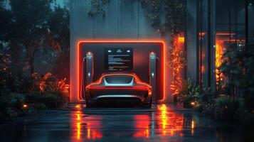 A sleek electric vehicle recharges at a contemporary charging station illuminated by neon lights. Lush plants surround the area, creating a futuristic urban atmosphere. photo