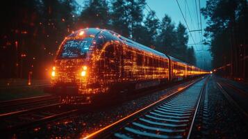 A smarttrain travels along railway tracks surrounded by trees during dusk. The train's surface is illuminated with glowing patterns, showcasing advanced automation and AI technology in motion. photo