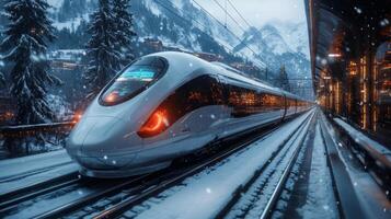 A smart train glides into a snowy station surrounded by mountains, showcasing advanced technology in transportation. Automation enhances efficiency on this winter day. photo
