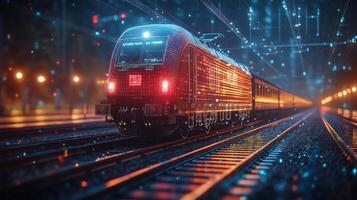A futuristic train equipped with smart technology and automation stands on illuminated tracks at a contemporary station, highlighting advancements in transportation and mobility solutions. photo