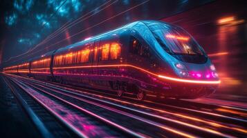A bright smarttrain travels swiftly along illuminated tracks, featuring advanced technology and automation elements at dusk, highlighting the future of transportation and logistics. photo