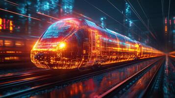 A cutting edge smarttrain utilizes advanced automation and AI to enhance mobility in a bustling urban setting, showcasing the future of transportation systems at night. photo