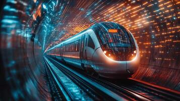A smarttrain speeds through a high tech tunnel filled with colorful lights, representing innovations in transportation and automation, showcasing future mobility solutions in efficient systems. photo