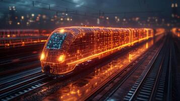 A futuristic smarttrain illuminated by a glowing design stands on the tracks in an urban setting at dusk, showcasing cutting edge transportation technology and automation systems. photo