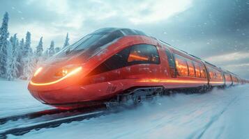 A sleek autonomous train travels through a snowy environment, highlighting advancements in transportation infrastructure and mobility solutions powered by AI and automation technology. photo